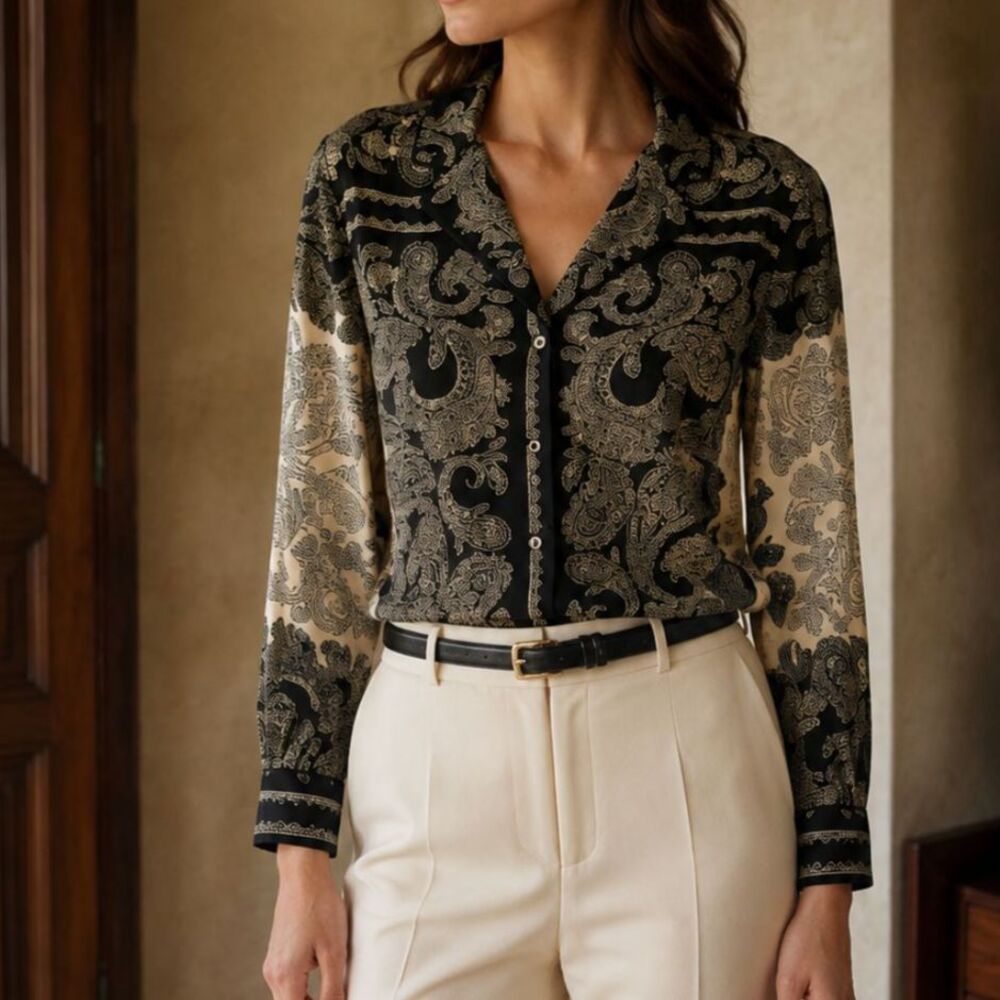 J.Crew Paisley Scarf Print Drapey Camp Collar Shirt M Boho Chic Black Cream - Picture 1 of 12